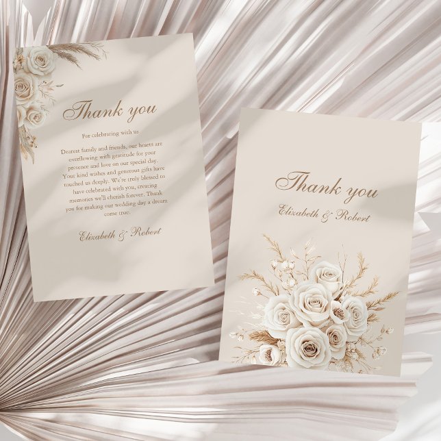 Cartão De Agradecimento Elegant Ivory Roses Wedding Thank You Card (Elegant Ivory Roses Wedding Thank You Card on a neutral sunny dry palm leaf.)