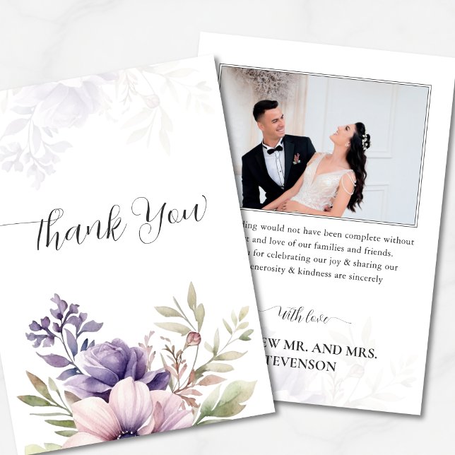 Cartão De Agradecimento Elegant Lavender Floral Photo Wedding Thank You  (Criador carregado)