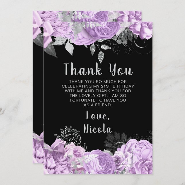 Cartão De Agradecimento Elegant Lilac and Silver Flowers Birthday Party (Frente/Verso)