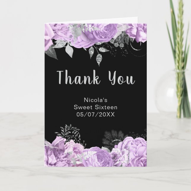 Cartão De Agradecimento Elegant Lilac and Silver Flowers Sweet Sixteen (Frente)