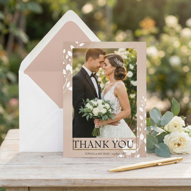 Cartão De Agradecimento Elegant Magnolia Floral Photo Wedding (Criador carregado)