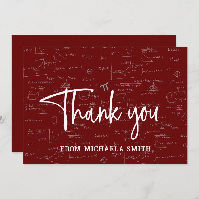 Cartão De Agradecimento Elegant Maroon Script Typography Math Graduation (Frente/Verso)