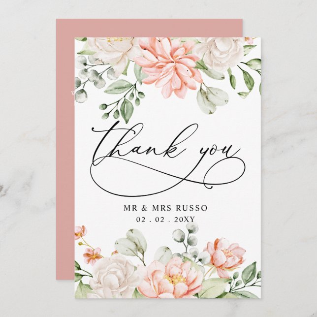 Cartão De Agradecimento Elegant Modern Botanical Blush Pink Floral Wedding (Frente/Verso)