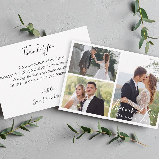 Cartão De Agradecimento elegant  modern calligraphy wedding photo collage (Criador carregado)