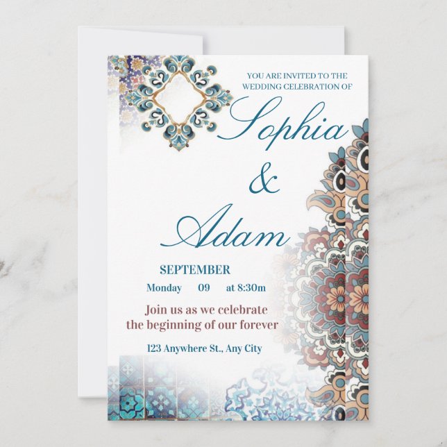 Cartão De Agradecimento Elegant Moroccan Tile Wedding Invitation (Frente)