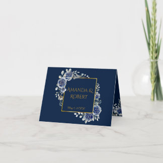 Cartão De Agradecimento Elegant Navy and Gold Floral Wedding Folded 