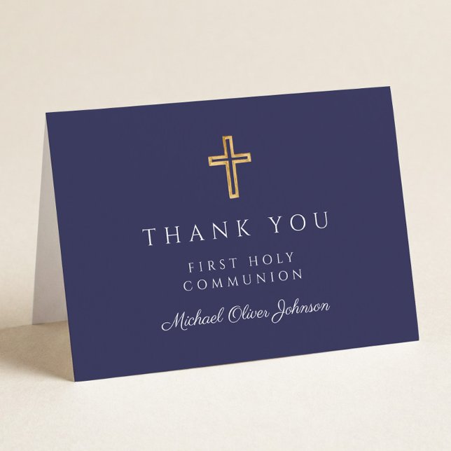 Cartão De Agradecimento Elegant Navy Blue Boy First Communion  (Criador carregado)