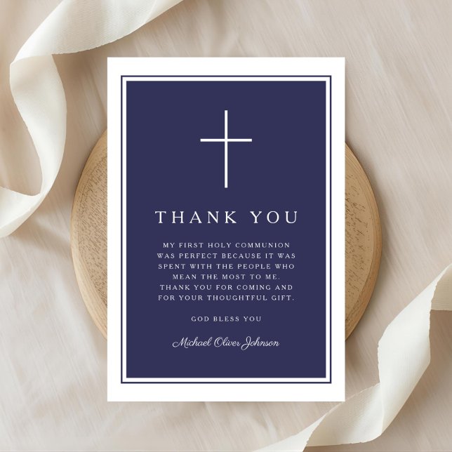 Cartão De Agradecimento Elegant Navy Blue Cross Boy First Communion (Elegant Navy Blue Cross Boy First Communion Thank You Card)