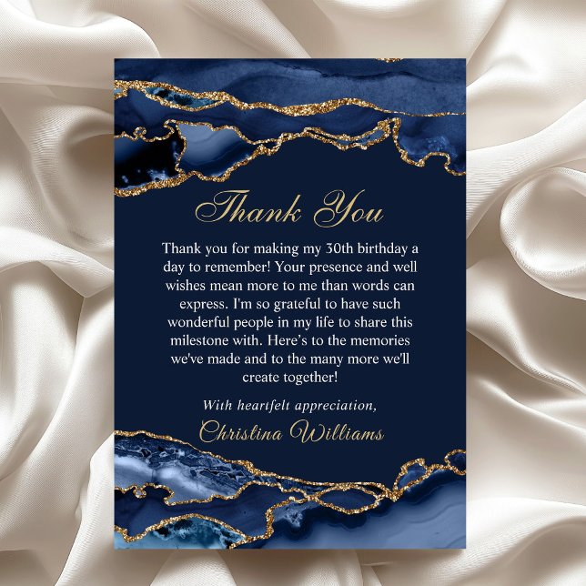 Cartão De Agradecimento Elegant Navy Blue & Gold Birthday Party Thank you (Blue and Gold Birthday party thank you card)