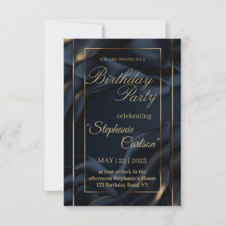 Cartão De Agradecimento Elegant Navy Blue & Gold Wedding Invitation