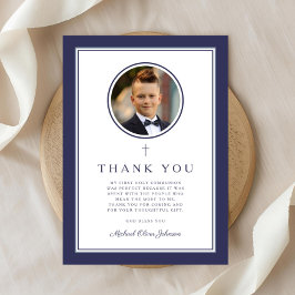 Cartão De Agradecimento Elegant Navy Blue Photo Boy First Communion