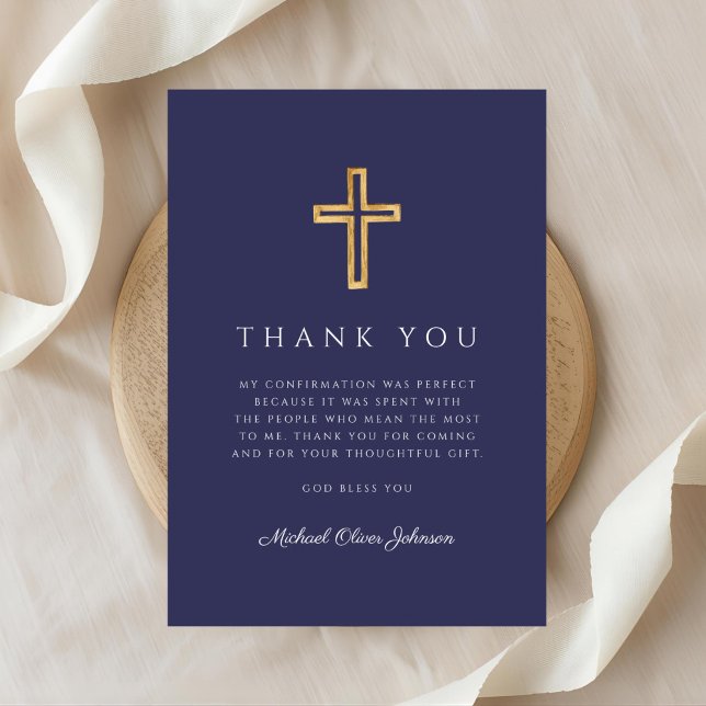 Cartão De Agradecimento Elegant Navy Blue Religious Cross Confirmation (Elegant Navy Blue Religious Cross Confirmation Thank You Card)