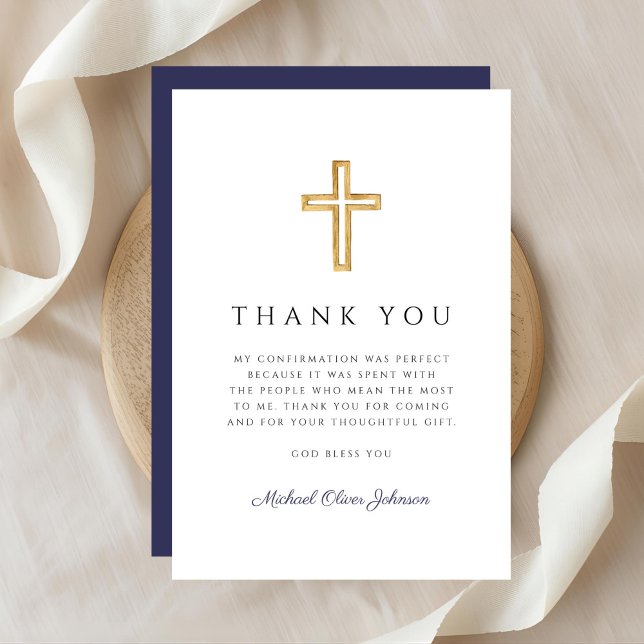 Cartão De Agradecimento Elegant Navy Blue Religious Cross Confirmation (Elegant Navy Blue Religious Cross Confirmation Thank You Card)
