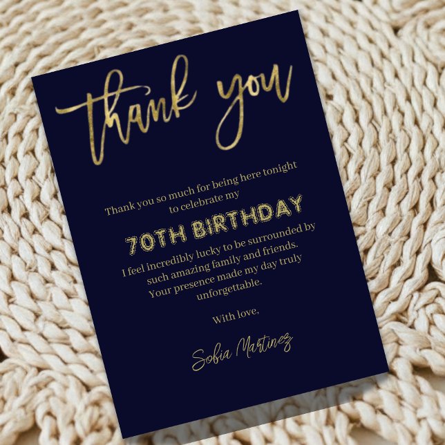 Cartão De Agradecimento Elegant Navy Gold 70th Birthday Thank You Card (Criador carregado)