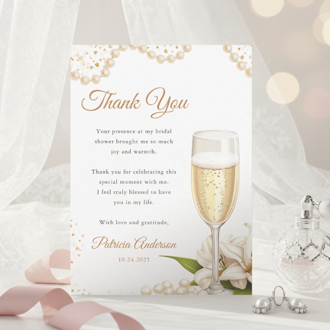 Cartão De Agradecimento Elegant Pearls & Prosecco Bridal Shower Watercolor (Criador carregado)