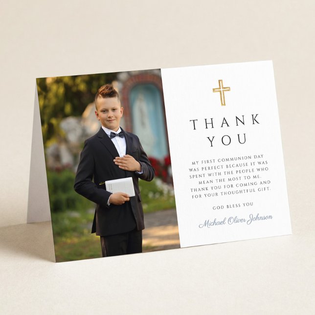 Cartão De Agradecimento Elegant Photo Boy First Communion Folded (Elegant Photo Boy First Communion Folded Thank You Card)