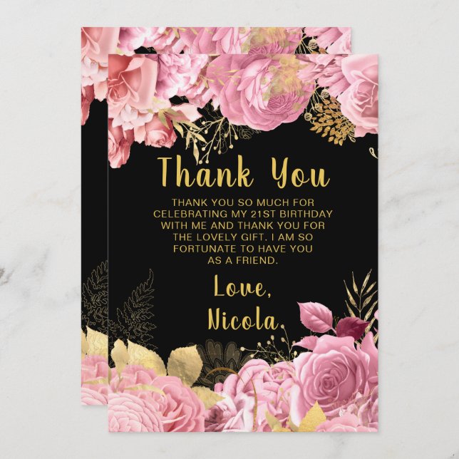 Cartão De Agradecimento Elegant Pink and Gold Flowers Birthday Party (Frente/Verso)