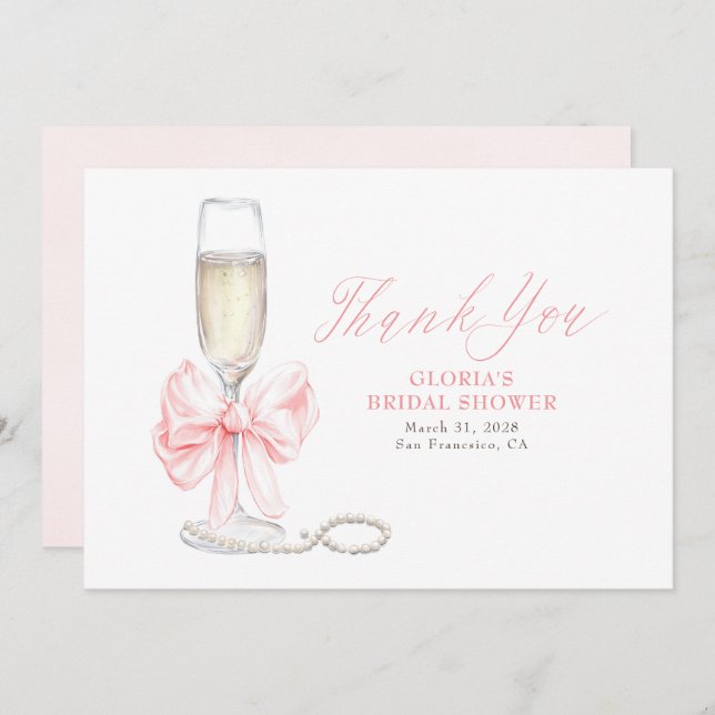 Cartão De Agradecimento Elegant Pink Bow Prosecco Bridal Shower Thank You (Frente/Verso)