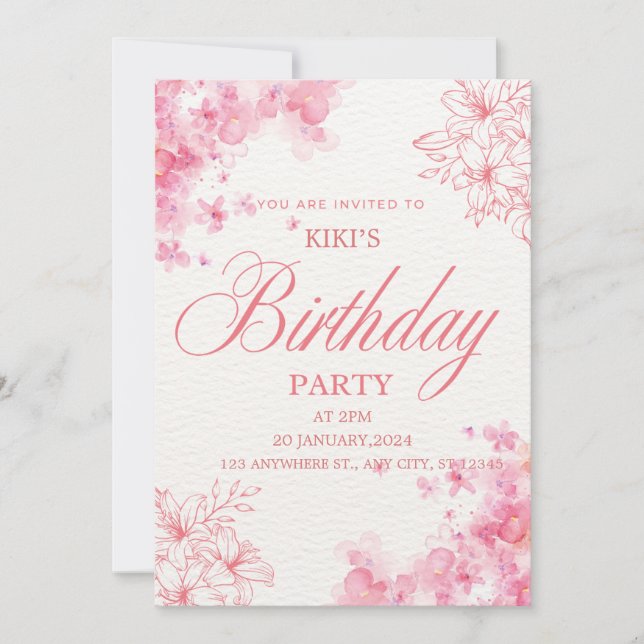 Cartão De Agradecimento Elegant Pink Floral Birthday Invitation (Frente)