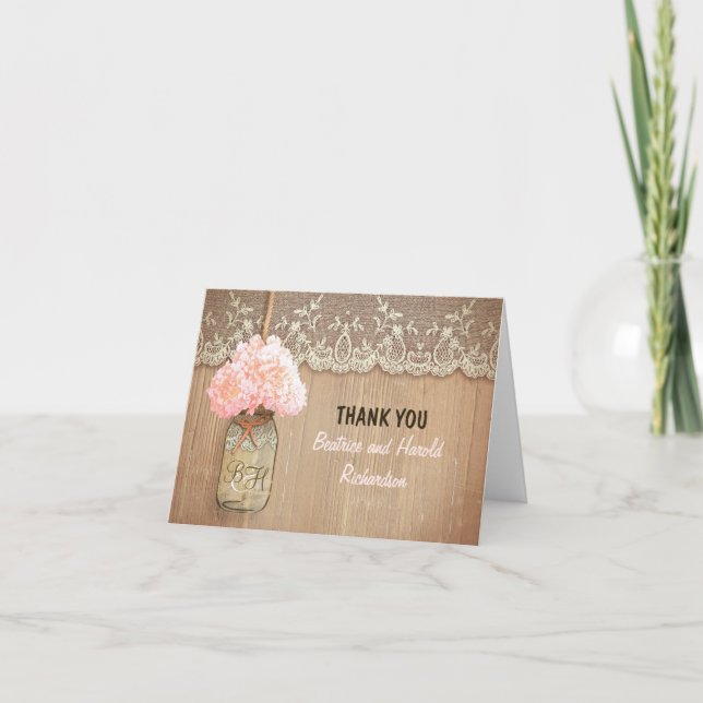 Cartão De Agradecimento Elegant pink hydrangea mason jar wedding thank you (Frente)