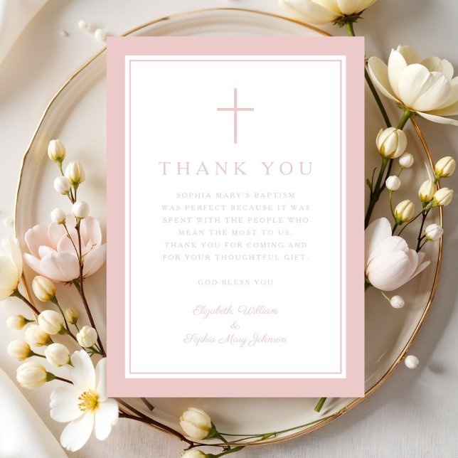 Cartão De Agradecimento Elegant Pink Religious Cross Girl Baptism (Elegant Pink Religious Cross Girl Baptism Thank You Card)