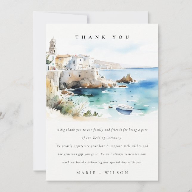 Cartão De Agradecimento Elegant Puglia Italy Watercolor Landscape Wedding (Frente)