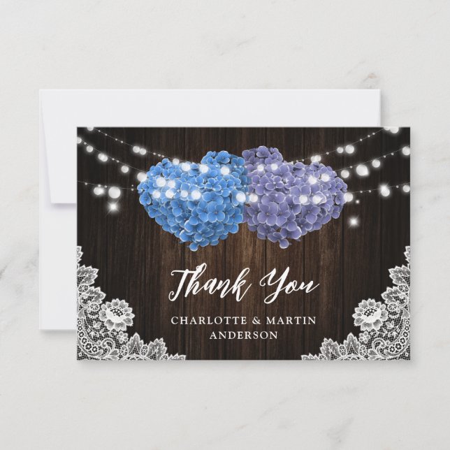 Cartão De Agradecimento Elegant Purple and Blue Rustic Wood Floral Wedding (Frente)