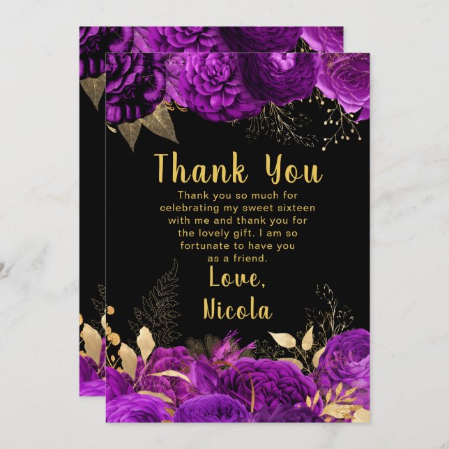 Cartão De Agradecimento Elegant Purple and Gold Flowers Sweet Sixteen (Frente/Verso)