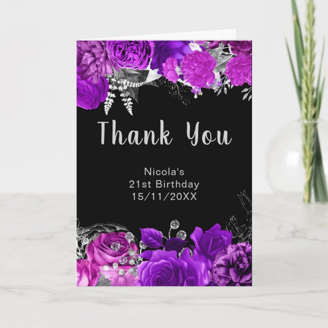 Cartão De Agradecimento Elegant Purple and Silver Flowers Birthday Party  (Frente)