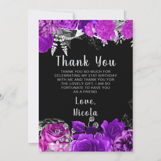 Cartão De Agradecimento Elegant Purple and Silver Flowers Birthday Party  (Frente)