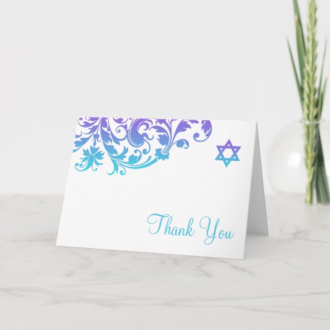 Cartão De Agradecimento Elegant Purple Teal Flourish Bat Mitzvah Thank You (Frente)