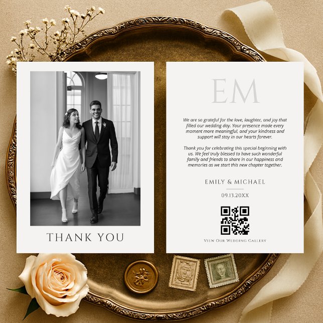 Cartão De Agradecimento Elegant QR Code Wedding Photo Monogram Thank You (Criador carregado)