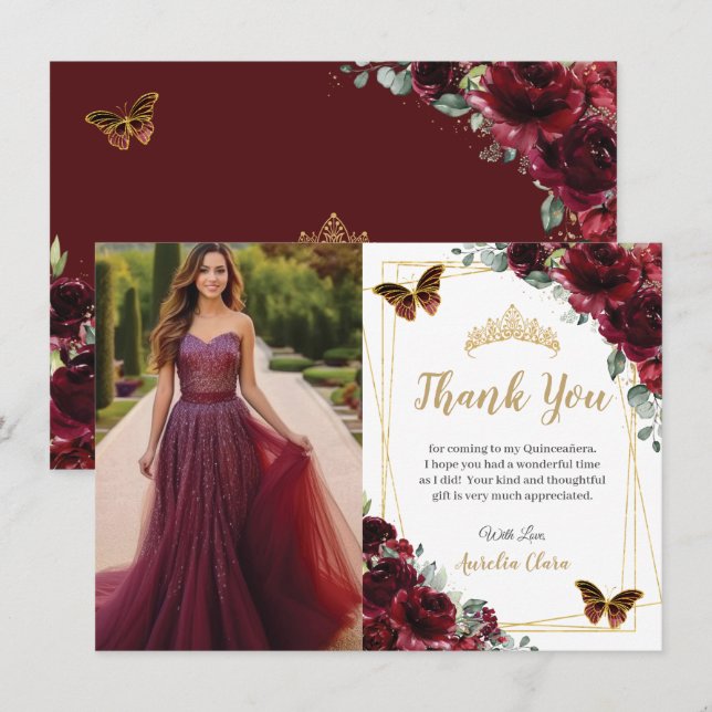 Cartão De Agradecimento Elegant Quinceañera Burgundy Roses Floral Photo  (Frente/Verso)