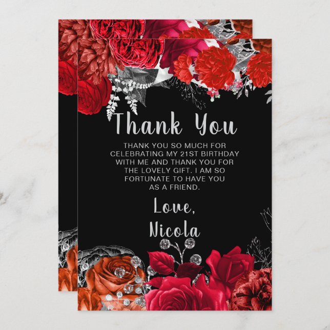 Cartão De Agradecimento Elegant Red and Silver Flowers Birthday Party (Frente/Verso)