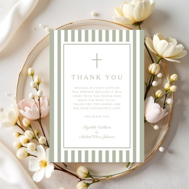 Cartão De Agradecimento Elegant Religious Sage Green Boy Baptism (Elegant Religious Sage Green Boy Baptism Thank You Card)