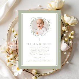 Cartão De Agradecimento Elegant Sage Green Bow Religious Baptism Photo