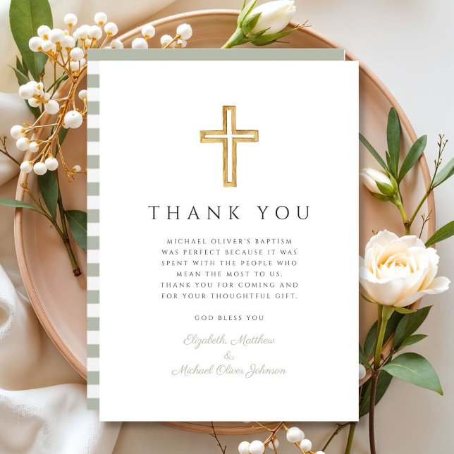 Cartão De Agradecimento Elegant Sage Green Cross Baptism (Elegant Sage Green Cross Baptism Thank You Card)
