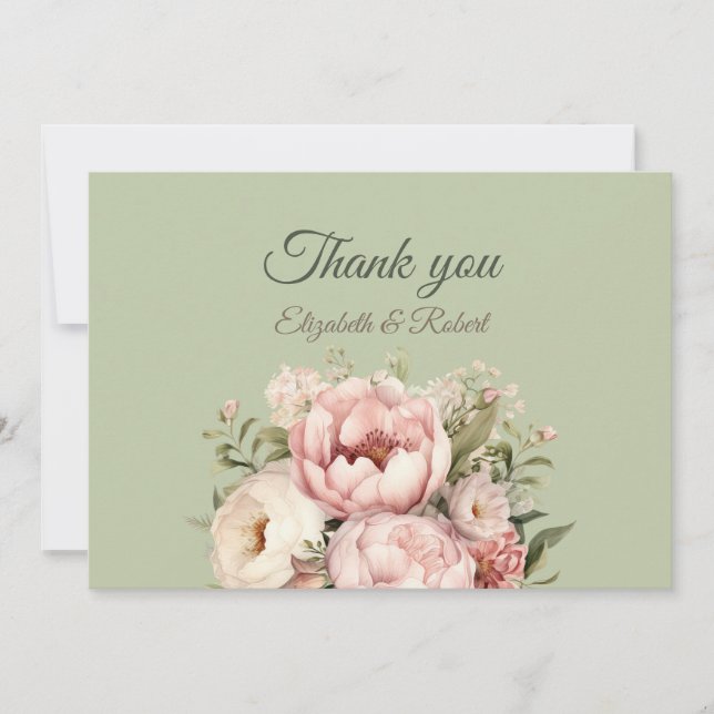 Cartão De Agradecimento Elegant Sage Green Peony Floral Thank You Card (Frente)