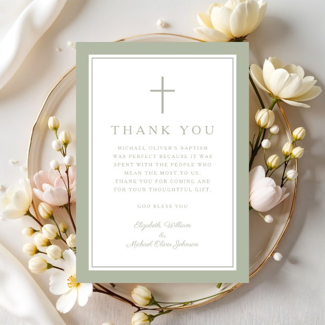 Cartão De Agradecimento Elegant Sage Green Religious Cross Baptism (Elegant Sage Green Religious Cross Baptism Thank You Card)