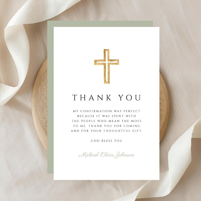 Cartão De Agradecimento Elegant Sage Green Religious Cross Confirmation (Elegant Sage Green Religious Cross Confirmation Thank You Card)