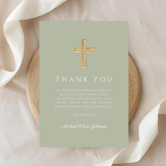Cartão De Agradecimento Elegant Sage Grenn Religious Cross Confirmation (Elegant Sage Grenn Religious Cross Confirmation Thank You Card)