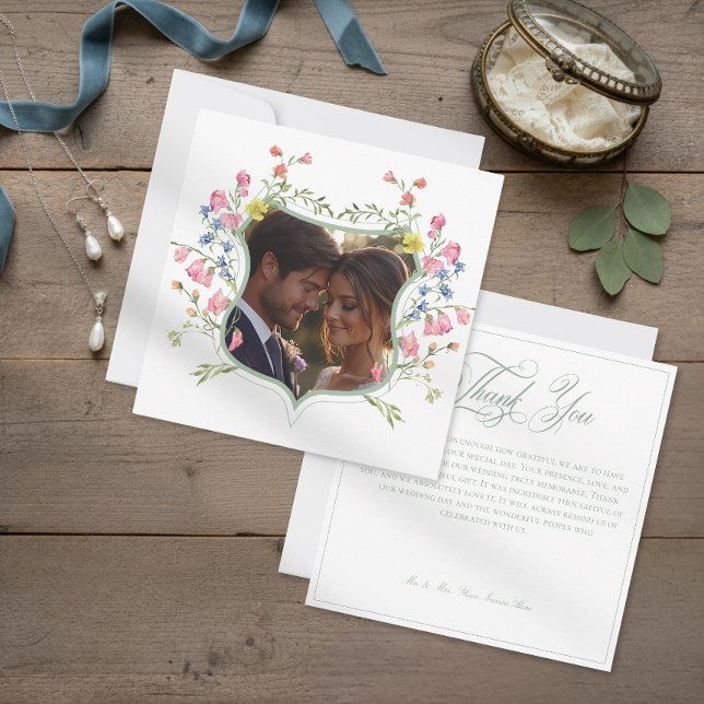 Cartão De Agradecimento Elegant Sage Pastel Wildflower Crest Photo Wedding (Criador carregado)