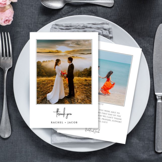 Cartão De Agradecimento Elegant Script Minimalist 2-Photo Wedding (Criador carregado)