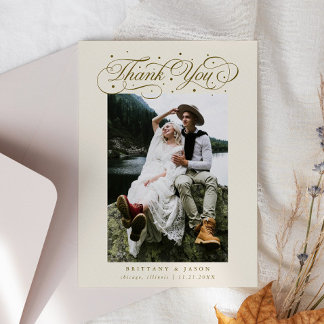Cartão De Agradecimento Elegant Script Typography Dots Wedding Photo Beige