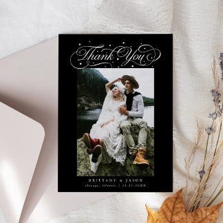 Cartão De Agradecimento Elegant Script Typography Dots Wedding Photo Black