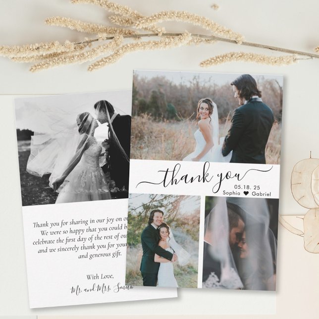 Cartão De Agradecimento Elegant Script Wedding Photo Collage Thank You Car (Criador carregado)