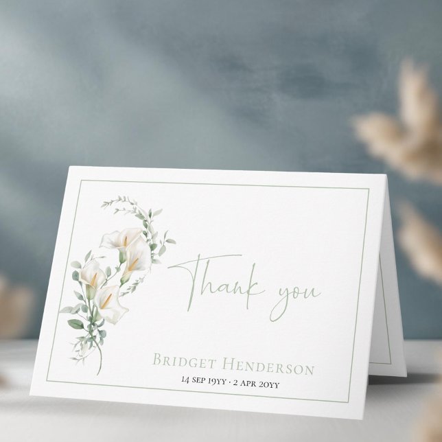 Cartão De Agradecimento Elegant Simple Calla Lily Eucalyptus Sympathy (Criador carregado)