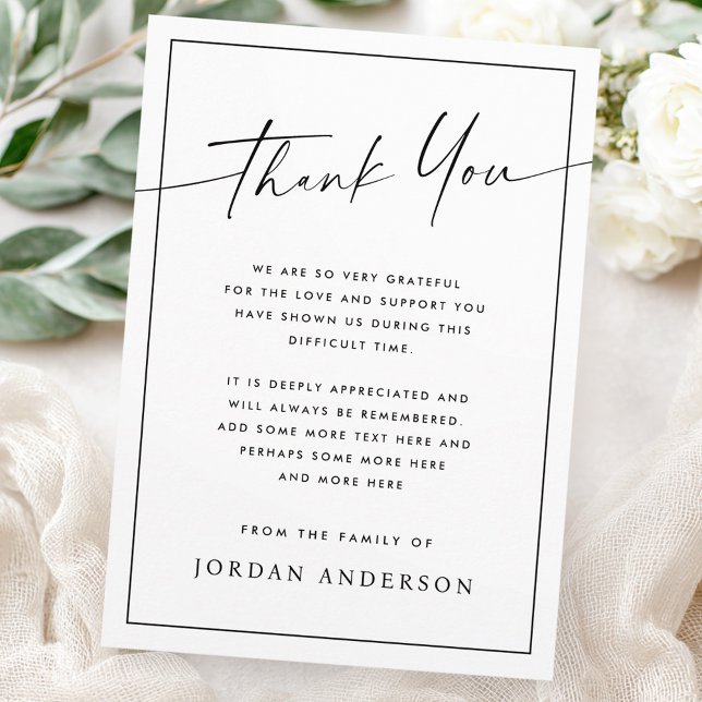 Cartão De Agradecimento Elegant simple modern script thin border funeral (Elegant simple modern script thin border funeral thank you card)