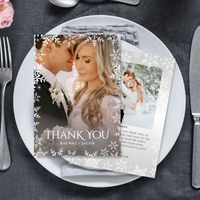 Cartão De Agradecimento Elegant Snowflake 2-Photo Winter Wedding Thank You (Criador carregado)