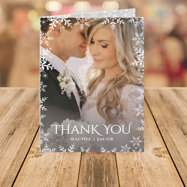 Cartão De Agradecimento Elegant Snowflake 2-Photo Winter Wedding Thank You (Criador carregado)